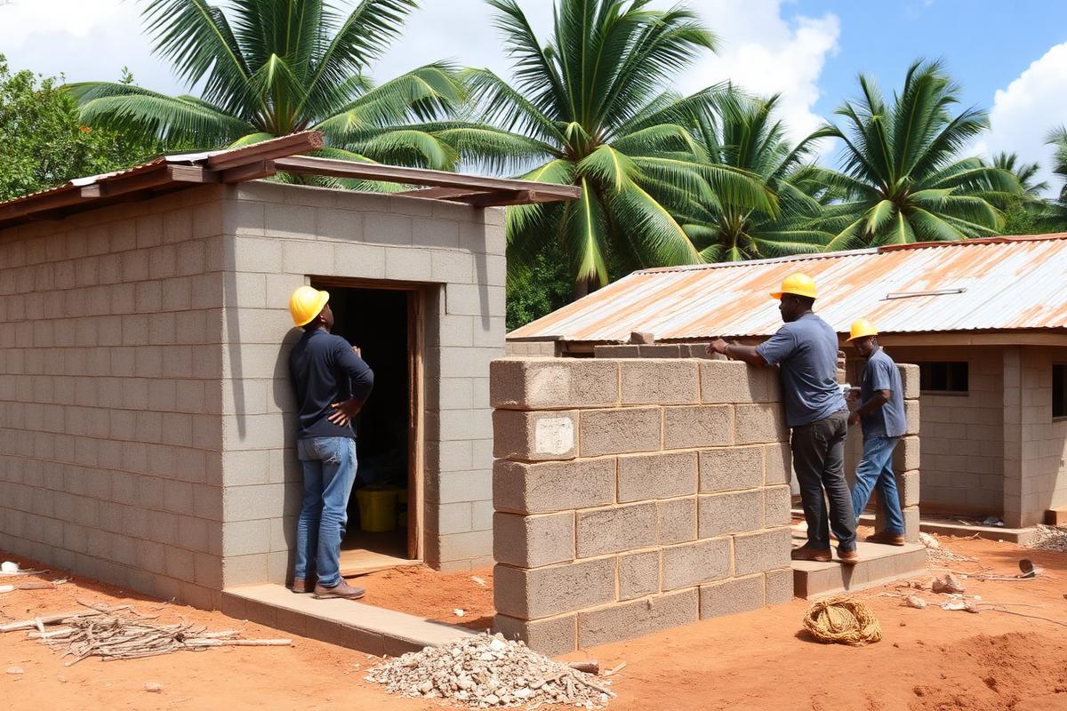 Workers building a concrete block structure in Haiti