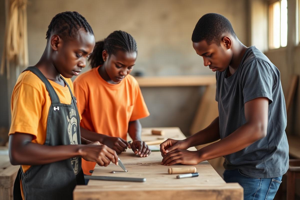 Young Haitians learning construction skills